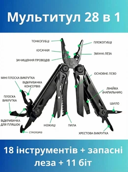 Мультитул 28 в 1 MQ 071 с ножом, плоскогубцами, шилом, пилой и 11 магнитными битами (00405)