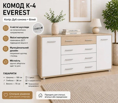 Комод Эверест К-4 с ящиками и дверцами 130 см, Дуб сонома + Белый, телескопические направляющие
