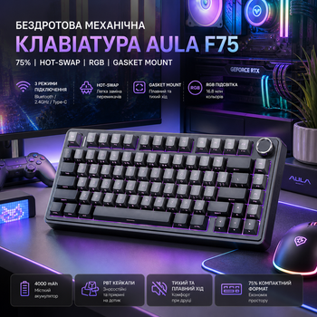 Бездротова механічна клавіатура AULA F75 Black RGB — 75%, Hot-Swap, Bluetooth/2.4GHz/Type-C, Gasket Mount, Бічне гравіювання