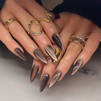 Накладные ногти Nail кошачий глаз шоколад, форма стилет, длинные, 24 шт