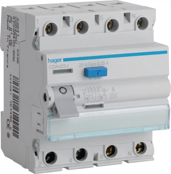 Диференційний вимикач Hager RCCB 3P+N 25A 30mA 6kA A CDA425J (3250611619857)