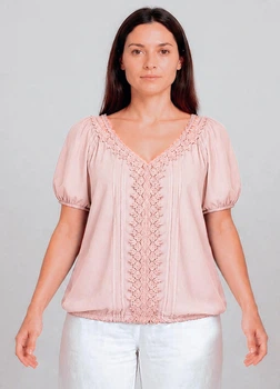 Блузка женская летняя вискозная с коротким рукавом кружевом Free size 48 Пудровый 084