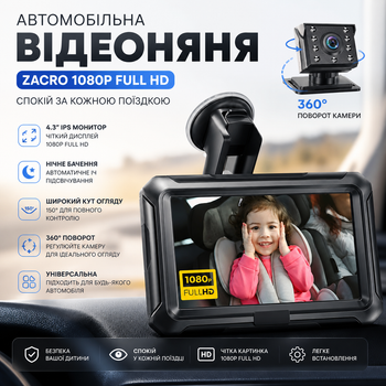 Автомобильная видеоняня Zacro 1080P Full HD: Монитор 4.3", Ночное видение, обзор 150°, поворот 360°, Универсальная
