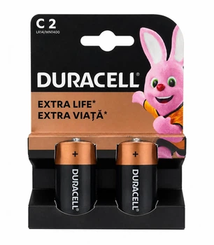 Батарейки Duracell Extra Life C LR14 1.5V Alkaline, 2 шт (26.2×50 мм) – мощные щелочные батарейки для фонарей, игрушек, колонок и техники