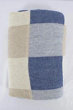 Плед льняной 220x200 Сине-бежевая клетка