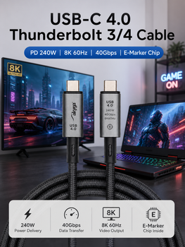 Кабель USB-C 4.0 / Thunderbolt 4 Type-C – Type-C, 240W PD, 40Gbps, 8K/60Hz, E-Marker, быстрая зарядка