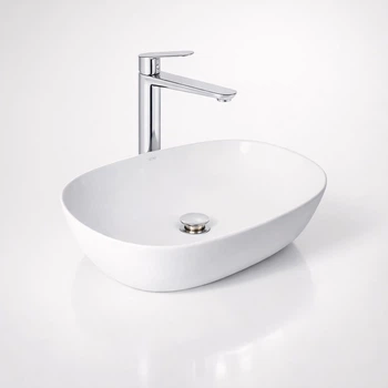Комплект для ванной Qtap Aquarius 470x380 мм White с накладной раковиной, высоким смесителем Evia Chrome, донным клапаном и сифоном (47295/47577)