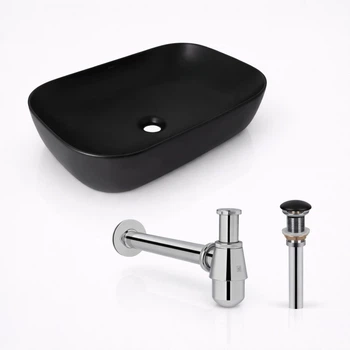 Комплект для ванной Qtap Robin Matt Black 600x390 мм накладная раковина + донный клапан PU03 + сифон Tani 02 Chrome (47296/32528)
