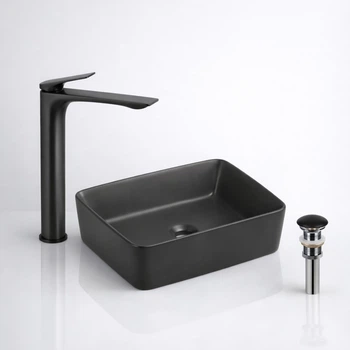 Комплект для ванной Qtap Tern Anthracite 480x370 мм с накладной раковиной, смесителем Vlasta New PVD и донным клапаном (48176/45653)