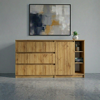 Комод на 3 ящика с боковыми полками, Дуб крафт золотой, 140,2х40х77,4см