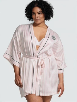 Атласный халат-кимоно Victoria Secret Satin Short Piped Robe - M/L - В полоску