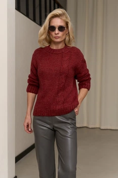 Светр з вовняної ніжної пряжі з візерунком "Коса" Розмір XL-XXL (50-52) Марсала