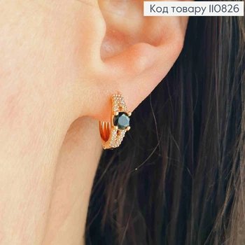 Серьги кольца "Ева" с Черным камнем, диаметр 1,3см, Xuping 18К.
