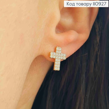 Серьги гвоздики "Крестики" в Блестящих камнях, 1,2*0,9см, Xuping 18К