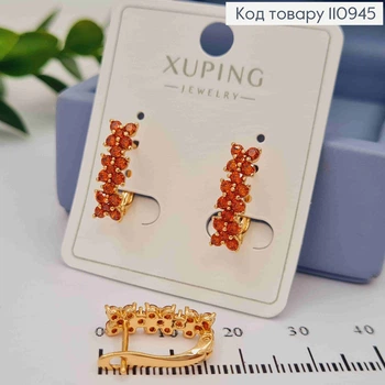 Серьги "Цветочный сад" с красными камнями, длина 1,6см, английская застежка, Xuping 18к.