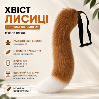 Хвост лисы с белым кончиком – мягкий плюш, идеален для косплея, вечеринок и ролевых игр! 45 см