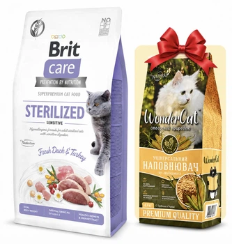 Сухий корм з качкою та індичкою Brit Care Sterilized Weight Control Бріт Каре для стерилізованих котів і котів з надмірною вагою 7 кг + наповнювач в подарунок (8595602540785)