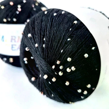 Пряжа бавовна з намистинками Pru Yarns Mermaid Tears. Чорний