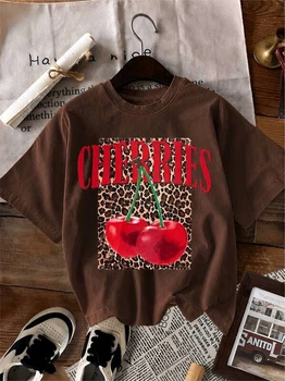 Футболка жіноча бавовняна вільного крою з великим принтом CHERRIES та малюнком вишні весняно-літня G&M k-129774 42-44 Розмір колір шоколад