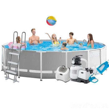 Каркасний басейн Intex 26726 великий 457x122 см для дачі з насосом 6000 л/год фільтрацією 5 г/год комплектом сходів тентом підстилкою та набором для догляду