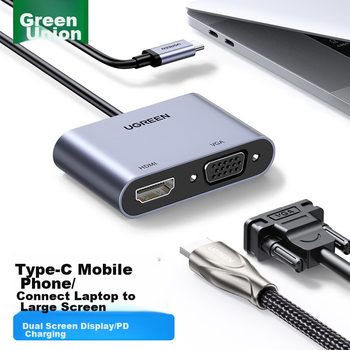 Док-станция расширения UGREEN Type-C, USB-C на HDMI/VGA для подключения двух экранов, адаптер USB 3.0, устройство для зеркального отображения экрана, совместима с Apple MacBook, ноутбуками Huawei и Nintendo Switch.