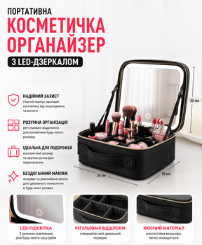 Косметичка органайзер дорожня з LED дзеркалом CY091-1 жіноча валіза для косметики 26x20x10 з підсвіткою акумулятор 2000 мАг сенсорне освітлення 3 режими зберігання аксесуарів компактна водостійка сумка для макіяжу подорожей