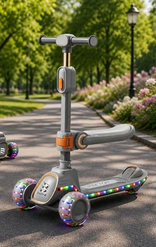 Детский трехколесный самокат с сидением (музыка, подсветка колес и деки, Bluetooth, складной) для мальчика и девочки серый (018)