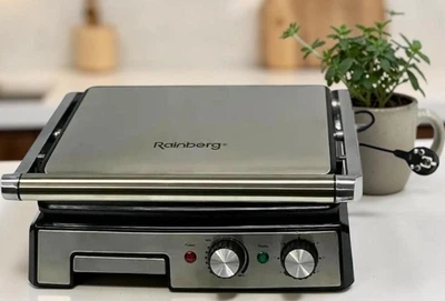 Мощный двусторонний гриль Rainberg 3800Вт, с антипригарными пластинами, для приготовления стейков, рыбы и овощей, Черный (2822)