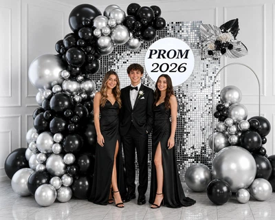 Арка Гирлянда Из Воздушных Шаров Мечта Prom Серебро Хром С Черными Шарами (94 шара) Выпускной