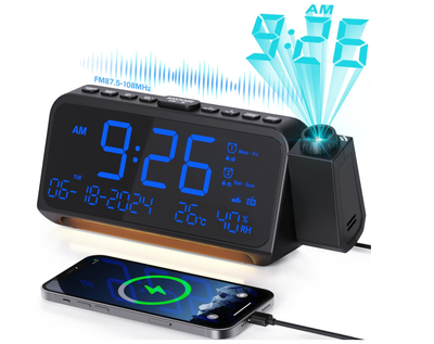 Будильник с проекцией времени Radio Alarm Clock, цифровые настольные часы с USB/Type-C, двойной будильник, температура и дата
