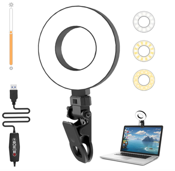 Кольцевая LED лампа Ring Light 3.5” Clip-on для ноутбука и телефона | 3 цвета света, 5 уровней яркости, таймер, USB подсветка