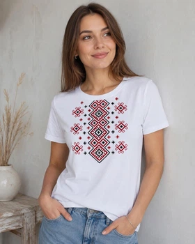 Вишиванка футболка жіноча з червоною і чорною вишивкою Стефанія XXXL Біла