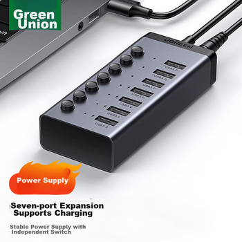 USB 3.0 концентратор-разветвитель UGREEN, высокоскоростная док-станция расширения, удлинительный кабель для жесткого диска, клавиатуры и мыши ноутбука и настольного компьютера с адаптером питания 12 В 2 А.