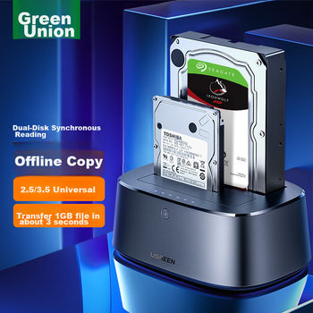 Док-станция для жестких дисков UGREEN, 2,5/3,5 дюйма, совместима с ноутбуками и настольными компьютерами, интерфейс SATA, внешний корпус для двух отсеков SSD и HDD, устройство для копирования жестких дисков.