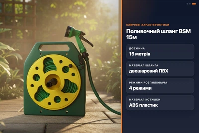 Шланг поливочный BSM 15м с катушкой и распылителем 4 режима плоский ПВХ зеленый