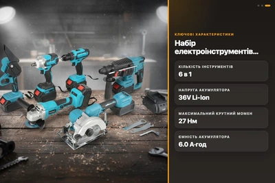 Набор электроинструментов MLD 6в1 с аккумулятором Li-Ion 36V шуруповерт болгарка перфоратор в кейсе