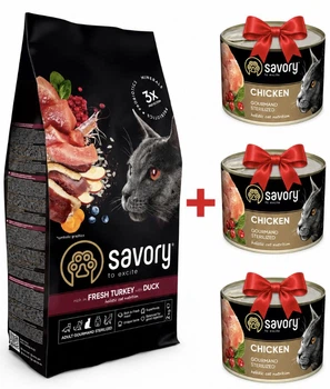 Сухий і вологий корм Savory Сейворі для стерилізованих котів 2 кг + 3 консерви в подарунок (4820232631591)