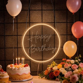 Светодиодный Светильник Неоновый Happy Birthday Настенный Круглый 26см Желтый Теплый Свет