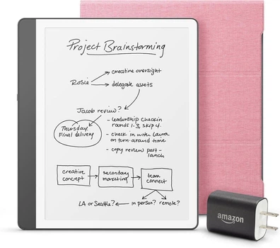 Електронна книга Amazon Kindle Scribe 16GB 2nd Generation (Tungsten), екран 10.2`, Premium Pen, з підсвіткою, адаптером та чохлом (Rose Fabric Cover)