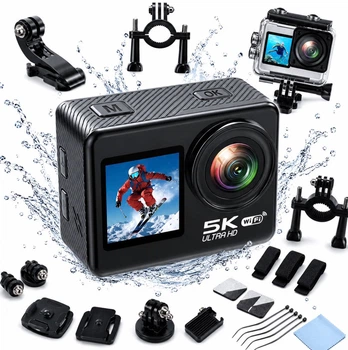 Спортивная водонепроницаемая экшн фото видео 5K камера 120FPS 48Mp широкий угол 120° 2 экрана селфи vlog Wi-Fi 2.4G таймлапс серийная подводная съемка влагозащита 30 метров двойной дисплей для плавания туристическая блогерская для сноуборда лыж велосипеда