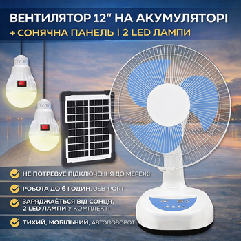 Портативный вентилятор Megatop MG008 12 дюймов на аккумуляторе 4500 мАч с солнечной панелью 2 LED лампами Бело-синий для кемпинга и дома