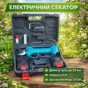 Секатор аккумуляторный с 2 аккумуляторами, Веткорез для дачи, Секатор аккумуляторный в кейсе с двумя аккумуляторами