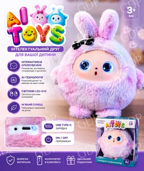 Интерактивный AI зайчик AITOYS Розовый — умная плюшевая игрушка с анимированными глазами, музыкой и голосовым взаимодействием, USB Type-C