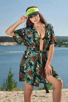 Жіноча пляжна туніка з льону з квітковим принтом Seventeen L-XL Зелений (2000000151632)
