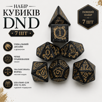 Набір кубиків 7 шт DND з драконом — чорні поліедричні кості для настільних ігор D&D, TRPG, рольових ігор