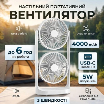 Вентилятор портативный аккумуляторный настольный двойной |3 скорости, время работы до 6 часов, 4000 мАч| white