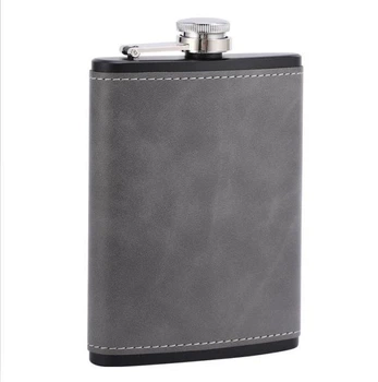 Фляга для напоїв 8 oz (200 мл) нержавіюча сталь з оздобленням під шкіру, сірий