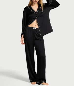Пижама Сатиновая (рубашка + брюки) Victoria's Secret Glazed Satin Shine Long Pajama Set S Regular Черный