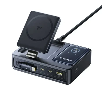 Сетевое зарядное устройство Baseus Nomos 5-in-1 Qi2 Desktop Charger with 100W Retractable Type-C Cable & 15W MagSafe Wireless Charging CCNMS140 Black