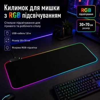 Ігровий килимок для миші та клавіатури RGB 70×30 см з підсвіткою, великий LED mouse pad, нековзка основа